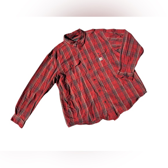 Carhartt Loose Fit Long Sleeve Red and Black Plaid Button Down Collared Shirt XL - Picture 2 of 9